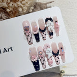GETADME 10pcs Handmade Press On Nails Light Pink French Style White Long Coffin False Nails Cute 3D Rabbit Designs Sweet Fake Nail Tips