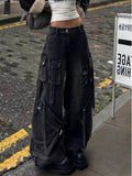 GETADME 2025 Punk Style Y2K Streetwear Washed Black Baggy Cargo Jeans Pants For Women Designer Clothes Wide Leg Lady Trousers Ropa Mujer
