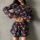 GETADME Women's Loungewear Two Piece Sets Elk Deer Stars Printed Long Sleeve Crew Neck Top and Loose Shorts Christmas Party Outfits