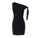 GETADME 2025 Sexy Summer Sleeveless Diagonal Shoulder Black Mini Dress Women Lace Up Bodycon Party Nightclub Vestidos
