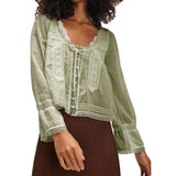 GETADME Combhasaki Women's Y2K Fairy Long Sleeve Square Neck Shirts Lace Patchwork See-through Tie-up Front Button-down Blouse Crop Tops