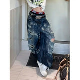 GETADME Y2K Ripped Jeans Women American Street Washed Casual Summer High Waisted Loose Versatile Straight Leg Wide Leg Pants