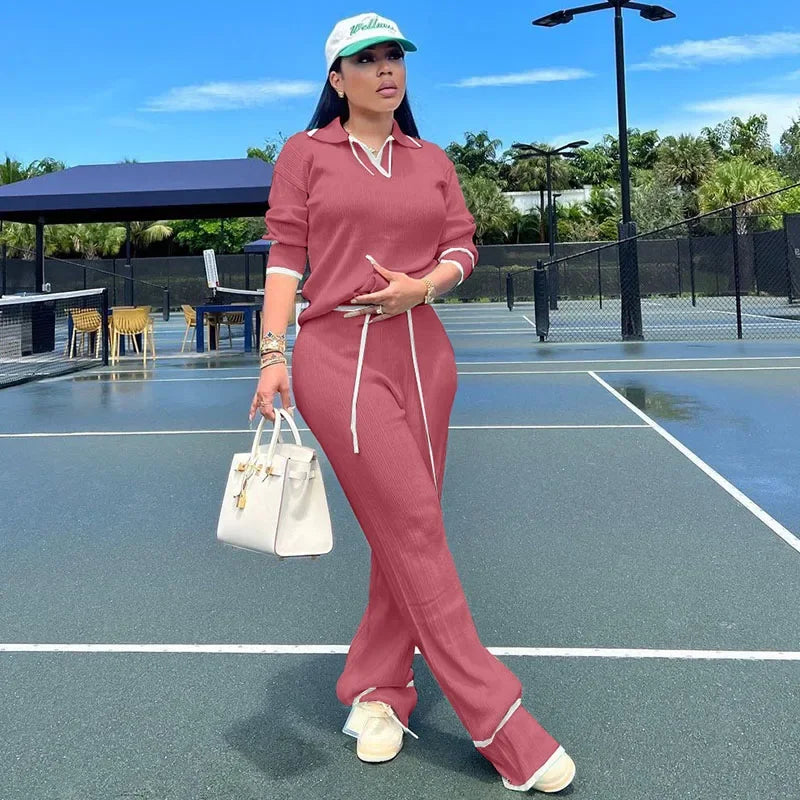 Ensemble de survêtement décontracté en maille GETADME Active Wear pour femme, deux pièces, haut rayé sport et pantalon large, idéal pour le jogging.