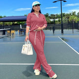 GETADME Active Wear Knitted Casual Tracksuit for Women Two Piece Set Sporty Fitness Striped Sweater Top and Wide Leg Pants Jogging Femme