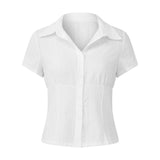 GETADME Women Summer Kawaii Solid Shirring Button Up Turn Down Collar Short Sleeve White Shirts Ladies Office Casual Summer Clothes