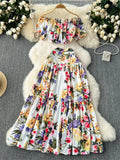 Women Summer Floral Sets Off Shoulder Tank Tops+Zipper Design Print Long Skirt Vacation Beach Two Pieces Suits