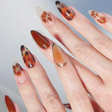 GETADME 24pcs Brown French Leopard Print Press On Nails Stereo Pink Flower Designs Autumn False Nails Sweet Cool Almond Fake Nail Tips