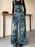 GETADME 2026American Retro Y2K Style Graffiti Printed Baggy Women's Jeans Strap Jumpsuits Pants Woman Clothing Blue Overalls Trousers