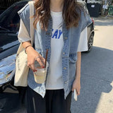 GETADME Loose Korean Style Denim Jacket Women's Casual Sleeveless Workwear Student Vest Spring 2025 Trend Outerwear