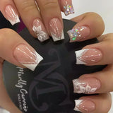 GETADME 24Pcs Short Square Coffin False Nails Square Fake Nails with Glue French Glitter Wearable Acrylic Nails Set Press on Nail Tips