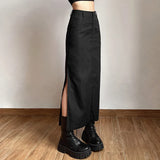 GETADME Goth Dark Grunge Casual Tag Split Women Midi Skirts Mall Gothic Punk High Raise Slim Long Skirt Y2k Sexy Fashion Streetwear