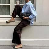 GETADME Linad Elegant Brown Satin Wide Leg Pants Women Autumn Fashion Beige High Waist Trousers Street Chic Silk Long Pants Female 2025