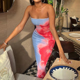 GETADME Summer Holiday Sexy Strapless Tie Dye Floral Tube Dress Women Off Shoulder Open Back Beach Trend Bodycon Stretchly Maxi Dresses