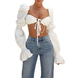 Nouveau T-shirt streetwear décontracté à manches bouffantes pour femme, couleur unie, col carré à lacets, manches longues, crop top sexy
