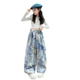 GETADME American Style Girl High Street Newspaper Print Jeans for Children Straight Loose Wide Leg Denim Pants Kids y2k Jeans Trousers