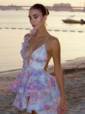 GETADME Flower Printed Short Puff Sleeve Mini Dress Women V Neck Beach Holiday Summer Short Vestido 2025 Seaside A-line Sexy Casual Gown