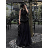 GETADME Vintage Black Long Dress Women Party Prom Ruffles Sleeveless Maxi Dresses Summer Y2K Gothic Patchwork Bodycon Vestidos New