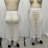 GETADME 2025 Summer Swimsuit Cover Ups Skirts for Women High Waist Hollow Split Tassel Stitching Knitted Transparent Midi Skirts