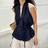 GETADME Linad Street Chic Navy Halter Tank Top For Women Fashion Deep V Neck Lace Up Vest Female Spring Casual Sleeveless Tops 2026