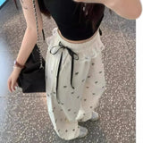 GETADME 스위트 스파이시 레이스 엣지 스플라이스 캐주얼 팬츠 리본 팬츠 여성 여름 루즈핏 신축성 허리 벨 바닥 스트레이트 레그