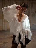 GETADME Sexy See-through V-neck Long Sleeve Chiffon Top Beach Party Shirt Trans-seasonal Women's Low Cut Shirt Ruffle Solid Color Tops