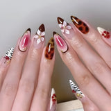 GETADME 24pcs Brown French Leopard Print Press On Nails Stereo Pink Flower Designs Autumn False Nails Sweet Cool Almond Fake Nail Tips