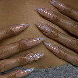 GETADME 24개 프렌치 가짜 손톱 아몬드 가짜 손톱 접착제 포함 흰색 가장자리 디자인 착용 가능 심플 인조 핑크 스틸레토 네일 팁 