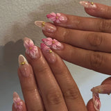 GETADME 24PCS Summer Colorful Almond False Nail with 3D Flower Beach Paintings Press on Fake Nail Full Cover Wearable Manicure for Women