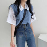 Getadme Summer Academy Style Color Blocking Polo Collar Top Fake Two-piece Short Sleeve T-shirt Women Lazy Loose Casual Versatile Blouse