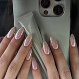 GETADME 24Pcs Short Oval Head Blush Pink Press on Nails with Simple Designs Almond Nails Wearable Acrylic Full Cover Nail Tips with Glue
