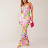 GETADME Color Printed Spaghetti Strap Maxi Dresses For Women Sexy V-neck Slim Backless Folds Dress Fashion Evening Party Elegant Vestido