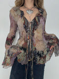 Chemises à volants en maille imprimée florale vintage GETADME pour femmes, transparentes et sexy, manches à volants, coutures ouvertes et lacets, vêtements esthétiques