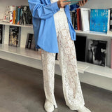 GETADME Vintage Women Wide Leg Pants Casual Loose Sheer Lace High Waist Trousers for Work Office Y2K Aesthetic Streetwear