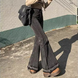 GETADME Woman High Waist Vintage Casual Flare Jeans Girls Elastic Slim Fit Bell Bottom Pants Lady Fashion Blue Black Grey Denim Trousers