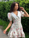 GETADME Sweet Floral Printed Ruffle Hem Dress Chic A-line Lapel Puff Sleeve Dresses For Women 2025 Summer Lady Holiday Street Gowns New