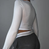 GETADME 탑 티셔츠 여성용 라운드넥 긴팔 타이트 점프수트 유럽 아메리카 섹시 플리츠 점프수트 하이스트리트 미드웨이스트 탑 신상품