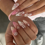GETADME 24Pcs 3D Strawberry Rabbit Flower Fake Nails Press on Mid-length Almond Wearable False Nails Green Gradient Pearl Manicure Tips