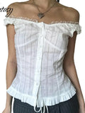 GETADME Phantasy Y2K Women Tops White Lace T-Shirt Button Tees Vintage French Style Tops 2025 Spring Summer Tops Female Streetwear
