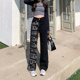 Getadme-Fashion Women High Waist Patchwork Letter Y2kvintage Denim Trousers  Street Style Print Punk Straight Wide Leg Baggy Jeans