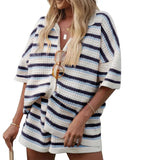 GETADME Lamuusaa Beach Outfits for Women y2k Clothes Striped Button Down Short Sleeve Top and High Waist Shorts Summer Two Piece Set