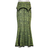 GETADME Lace Stitching Skirts For Women Vintage Floral Printing Green Elegant Evening Party High Elastic Waist Mermaid Skirts Fall 2025