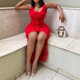 GETADME New Summer Sexy Red Ruffle Flower Evening Party Asymmetrial Dress V Neck Lace Up Sleeveless Chic Party Festival Sundress