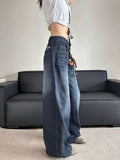 GETADME Stylish Chic Elegant Embroidered Patchwork Jeans Women Vintage Washed Draping Denim Straight Loose Fit Slimming Versatile Pants