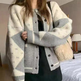 GETADME Vintage Print Knitted Cardigan Women Harajuku Patchwork Sweater Outerwears Korean Long Sleeve Knitwears Winter Casual Jumpers