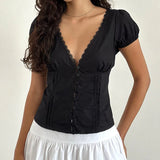 GETADME Maemukilabe French Style Lace Trim Crop Tops Women V Neck Button Up Milkmaid Blouse Cottage Fairy Y2K T-shirt Vintage Streetwear