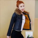 GETADME 2025 Autumn Winter Fleece Denim Jacket Women Big Fur Collar Short Coat Thicken Velvet Liner Warm Tops Lady Jean Coat Outerwear