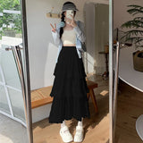 GETADME Sweet Lace Ruffles Long Skirt Women Summer Cute Puff Cake A Line Skirt Woman Korean Style High Waist White Chiffon Tulle Skirt