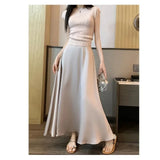 GETADME 프렌치 비니거 실크 스커트 여성용 여름 신상품 하이웨이스트 슬리밍 드레이프 A라인 롱 드레스 슬림핏 테일러드 쉐입