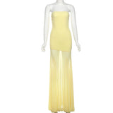 GETADME 2025 Summer Floor-length Mesh Hem Strapless Silm High Waist Fashion Slash Neck Ladies Maxi Dress Lady Party Holiday Party Gowns