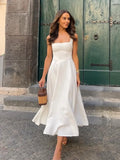 GETADME Women Elegant White Slim Pleated Long Dresses 2025 Spring New Square Neck Sleeveless High Waist Dress Fashion Female Party Robes